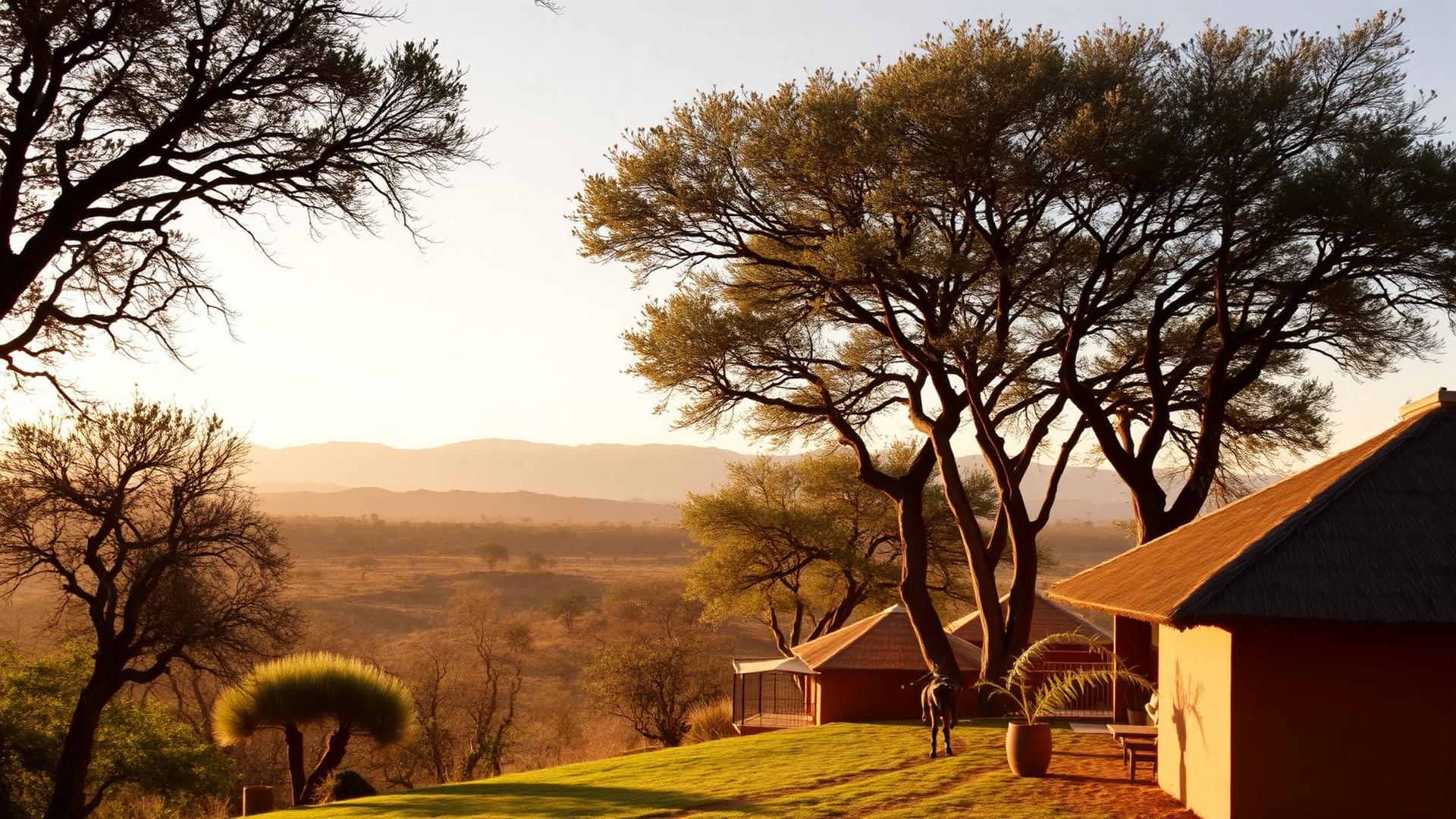 Sunset view from African Royal Villa over the Karatu highlands toward the Ngorongoro rim